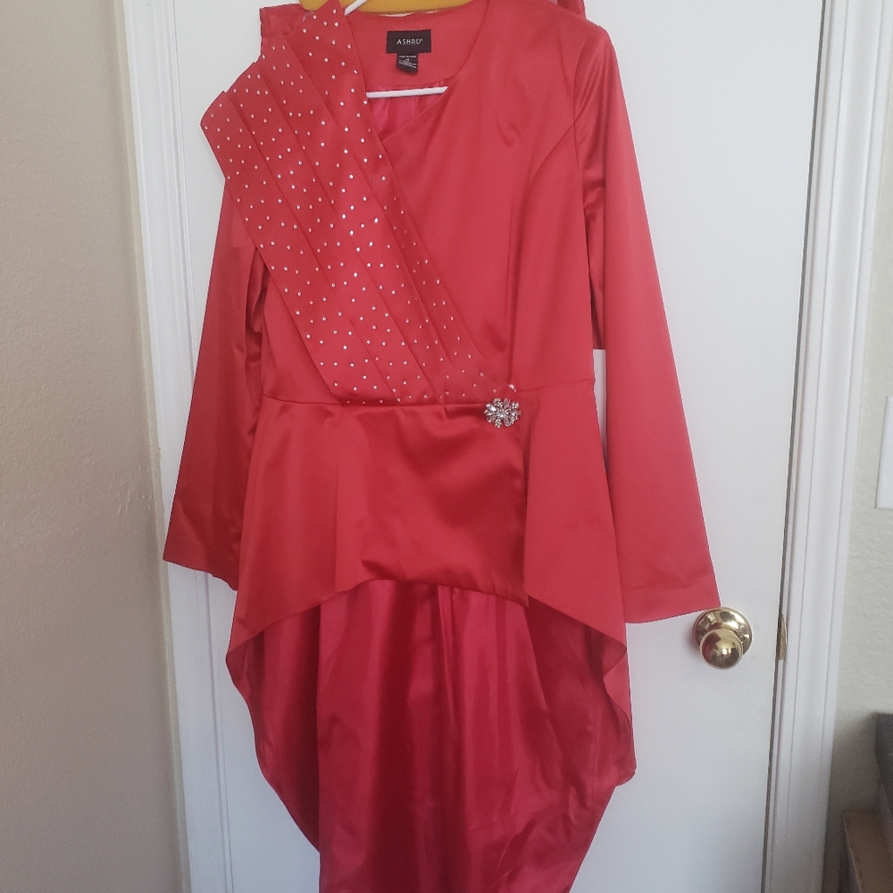 Women's red church or evening attire, diamond studs on long red jacket sash and